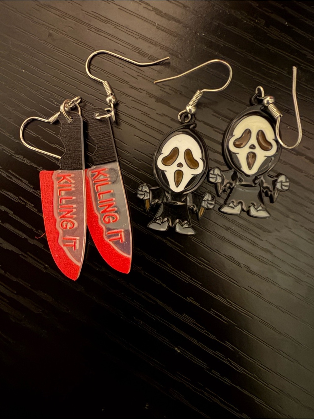 Halloween Earrings Set - Red 'Killing It' Knife & Black Ghost Dangle